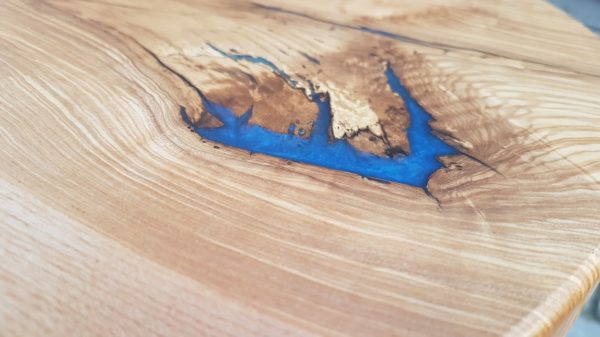 Ripple Ash Coffee Table Close Up of Blue Resin